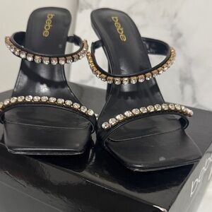 Bebe Black Rhinestone Strap Square Toe Heels Size 7.